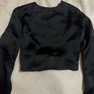 Black Women's Long Sleeve Satin Crop Top